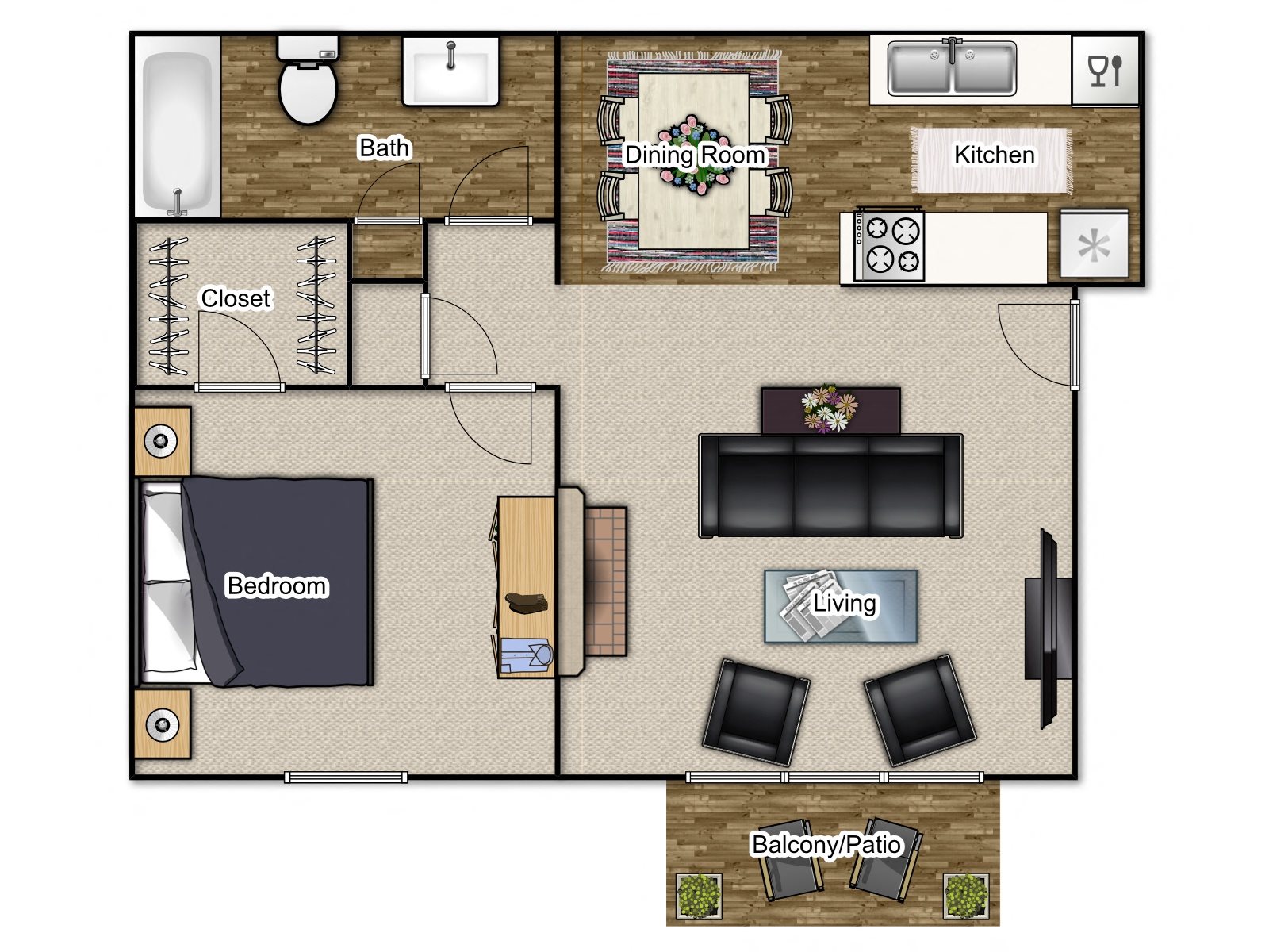 One Bedroom One Bathroom Floor Plan 2